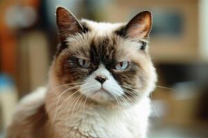 A grumpy looking cat sits and looks directly into the camera. AI generate photo