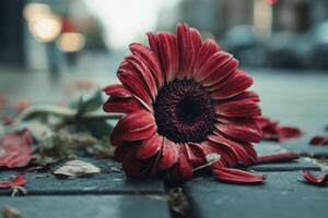 Wilted flower lying on the ground symbolizing the end of something beautiful. AI generate photo