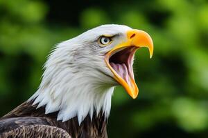 Side profile of a bald eagle in mid-screech - the sharp beak open with feathers ruffled. AI generate photo