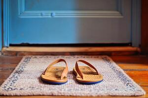 A pair of sandals on the floor in front of a door. AI generate photo