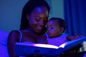 A mother reading a bedtime story to her child. AI generate photo