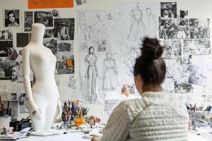 A fashion designer sketching and working in a stylish studio surrounded by sketches. AI generate photo