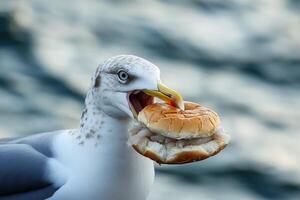 A seagull steals a tourist's fish sandwich. AI generate photo