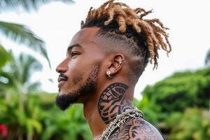 Profile of a young man with tribal tattoos. AI generate photo