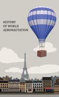 A hot air balloon flies in the sky over the Eiffel Tower. . vector