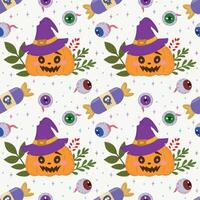 Seamless Halloween pattern with pumpkins, eyes and candies. It is suitable for decorating textile fabrics, wrapping paper, wallpaper for websites, textiles, wallpaper for clothes. pattern. vector