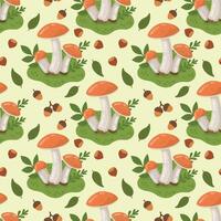 Seamless autumn pattern with mushrooms and autumn foliage. background with mushrooms, leaves, berries for autumn, autumn design. Flat illustration vector