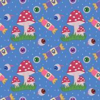 Seamless background with toadstools, eyes and candies on a blue background. Background for Halloween party decoration, banner, poster or postcard. Background with a Halloween pattern. vector