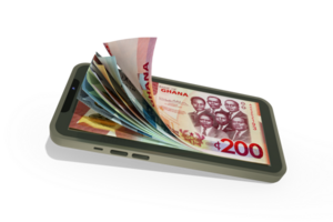 3D rendering of Ghanaian cedi notes inside a mobile phone isolated on transparent background. money coming out of mobile phone png