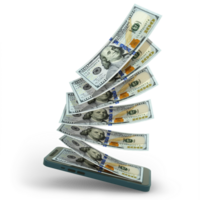 3D rendering of US dollar notes inside a mobile phone isolated on transparent background. money coming out of mobile phone png