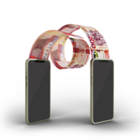 Transferring Ghanaian cedi notes from one mobile phone to another. Online money transfer concept. money coming out of mobile phone isolated on transparent background. 3d rendering png