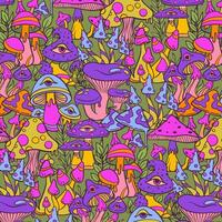 Trippy psychedelic mushroom seamless pattern background, doodle sketch hand drawn style, illustration vector