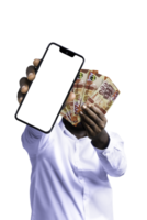 Black person holding Ghanaian cedi notes and pointing phone with blank screen to the camera. Hand holding Ghanaian currency notes, 3d rendered money isolated on transparent background png