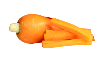 Side view of fresh orange carrot root with slices in stick shape in stack isolated with clipping path in file format png