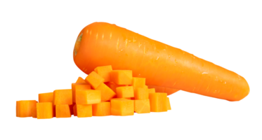 Side view of fresh orange carrot with slices in cube shape in stack isolated with clipping path in file format png