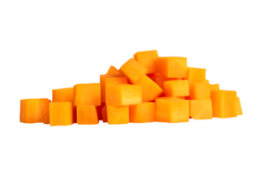 Front view of fresh orange carrot in cube shape in stack isolated with clipping path in file format png