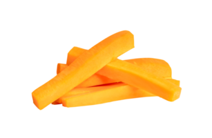 Side view of fresh orange carrot slices in stick shape in stack isolated with clipping path in file format png
