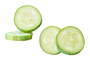 Front view set of fresh green cucumber slices in circle shape in stack isolated with clipping path in file format png