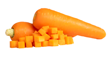 Side view of fresh orange carrot slices in cube shape in stack isolated with clipping path in file format png