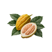 cocoa pod and half of a cocoa fruit on transparent background png