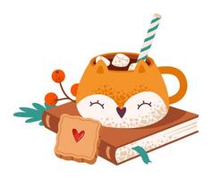 A mug of hot chocolate in the shape of a fox with marshmallows and gingerbread on a book. Festive Christmas sweets. Flat illustration vector