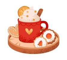 A mug of cocoa with cream, cinnamon and gingerbread on a tray. Festive Christmas drink with sweets. Flat illustration vector