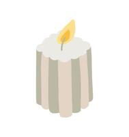 single clipart candle in color. Burning Christmas aesthetics candle. Hand drawn illustration. Single drawing isolated on white background. Element for design, print, sticker, card, decor, wrap vector