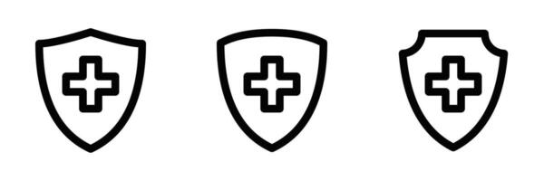 Set of three black and white line icons of shields with medical crosses, representing health, protection, and safety. Editable stroke. vector