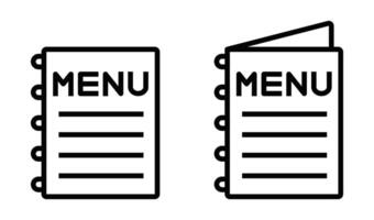 Black and white menu icons, including a flat and folded menu. Ideal for restaurant or food-related design projects. Editable stroke. vector