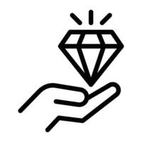 Minimalist black and white line icon of a hand holding a shining diamond, representing value, wealth, and premium service. Editable stroke. vector