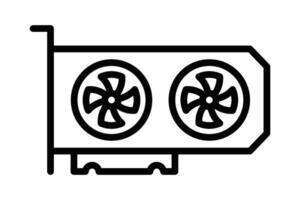 Black and white line icon of a graphics card with dual fans, representing computer hardware, gaming, and technology. Editable stroke. vector