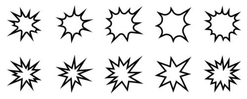 Set of eight black and white line icons of explosions, representing comic book effects, action, and impact. Editable stroke. vector