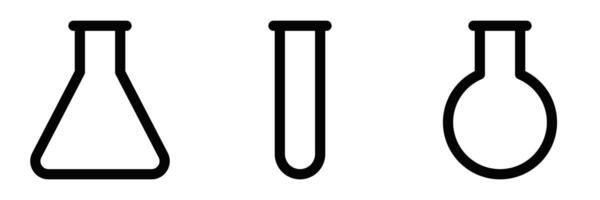 Set of three black and white line icons of different laboratory glassware, representing scientific research and experiments. Editable stroke. vector