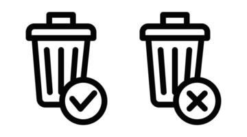 Icons of a trash bin with checkmark and cross symbols, representing waste management, approval, and rejection. Editable stroke. vector