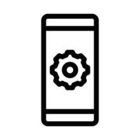 Icon of a mobile screen with a gear, representing mobile settings and configuration. Simple black and white design. Editable stroke. vector