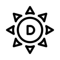Icon of a sun with the letter D, representing vitamin D and sunlight. Simple black and white design, ideal for health-related themes. Editable stroke. vector