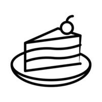 Black outline illustration of a cake slice on a plate with a cherry on top. This icon represents dessert, celebration, and bakery themes. Editable stroke. vector