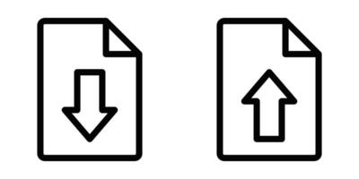 Icons of documents with upload and download arrows, representing file transfers. Simple black and white design. Editable stroke. vector