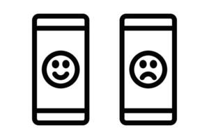 Icons of mobile screens displaying happy and sad faces, representing user feedback and satisfaction. Simple black and white design. Editable stroke. vector