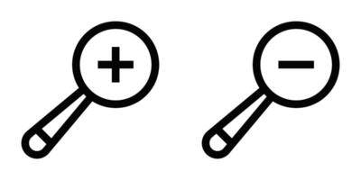 Icons of magnifying glasses with plus and minus signs, representing search, zoom, and exploration themes. Simple black and white design. Editable stroke. vector