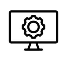 Icon of a computer monitor displaying a gear, representing settings and configuration. Simple black and white design. Editable stroke. vector
