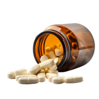Open bottle of medicine pills is lying transparent background png