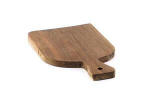 Wooden cutting board, rectangular in shape with a smooth texture and features a handle on one side photo