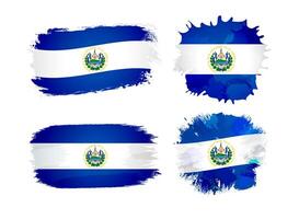 Set of Salvadoran flag icons in the style of painting. Grunge staines and flag of El Salvador background with isolated clipping mask. Creative design. Brushing abstract shapes. Welcome to El Salvador vector