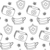 Seamless pattern with doodle medicine and healthcare. first aid kit, a cross on a shield, a mask and a virus on white. elements of the pattern are made in monochrome style. Topic treatment of illness vector