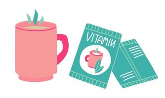 Flat illustration of a pink square cup with warm liquid. Blue drinking bags. An elongated glass with a pink handle with a blue element isolated from steam and yellow liquid on white background vector