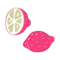 A flat illustration of a pink lemon whole and cut in half. A whole lemon is depicted in an oval shape with yellow lines. A cut lemon is depicted as one half with visible seeds and yellow flesh. vector