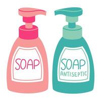 set of flat bottles with a dispenser of antiseptic and ordinary liquid soap. Colored jars with soap dispensers to ensure cleanliness and hygiene hands, body, face. Purification from bacteria, microbes vector