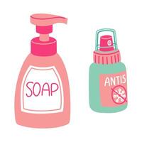 Set flat jars with antiseptic spray and liquid soap dispenser. Colored jars with liquid to ensure cleanliness and hygiene of hands, body, face. Purification from bacteria, microbes. Spray, dispenser vector