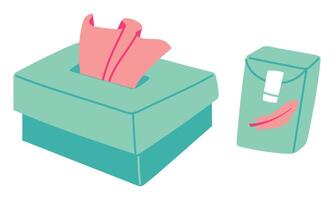 box, packaging with paper napkins for colds and flu are flat. Napkins are pulled out of a blue box and a closed package with a pen. The concept of medicine, health care, self care. Dry it to soak vector
